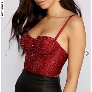 Beaded Sequin Beauty Cropped Bustier- Burgundy XS